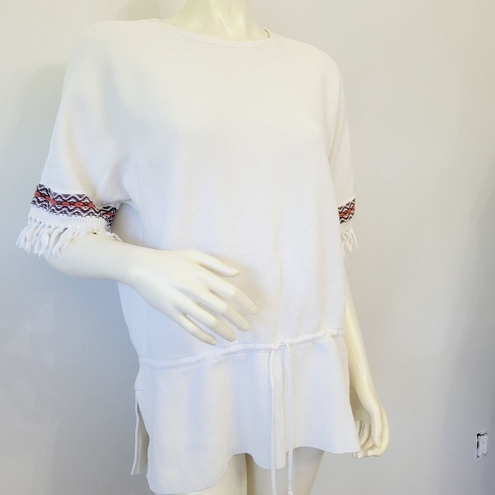 Tory Burch Cotton indie embroidered tassle sleeves tie waist heavy weight top LG